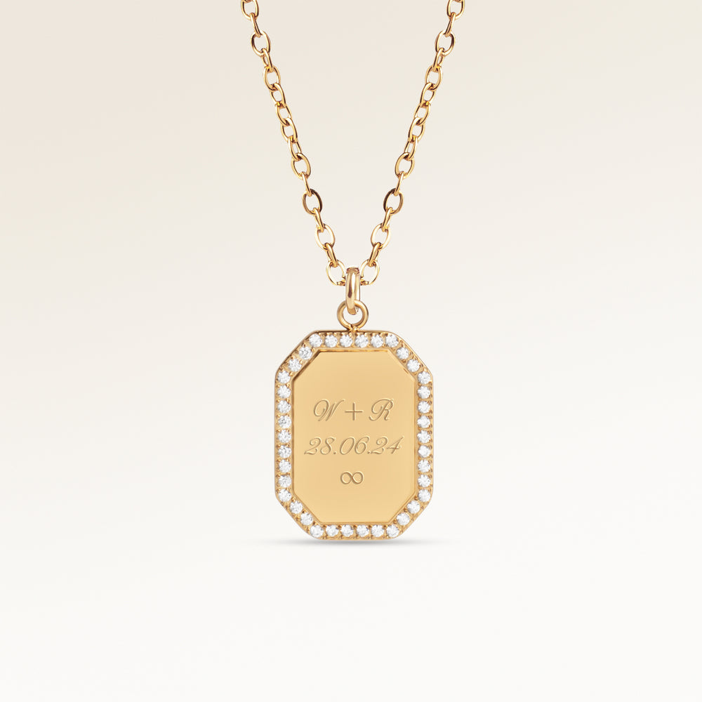 Octagon Necklace with Zirconia Edge - Engraving (Gold)
